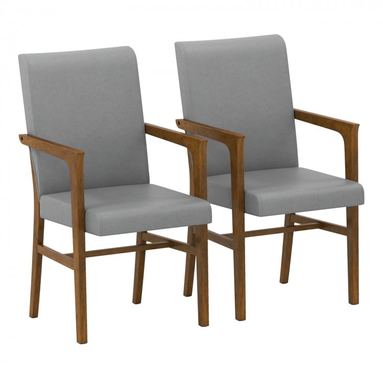 Set of 2 gray upholstered accent chairs with high back, solid rubber wood frame, and armrests for added comfort.