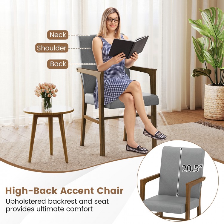 High-back accent chair with upholstered seat and solid wood frame, designed for comfort in living rooms or bedrooms.