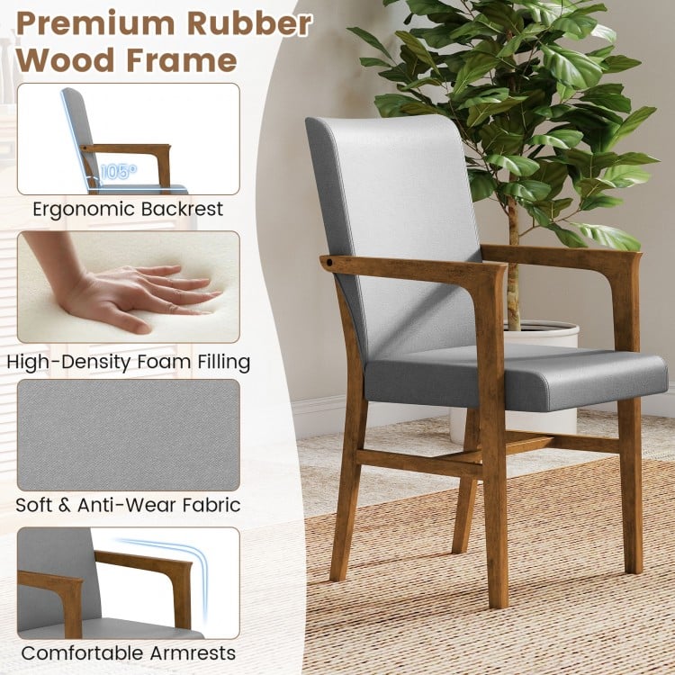 Upholstered accent chair with a solid rubber wood frame, ergonomic backrest, and comfortable armrests in gray.