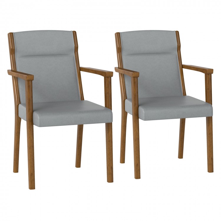 Set of 2 upholstered wooden accent chairs in gray with high back, soft cushions, and ergonomic armrests for comfort.