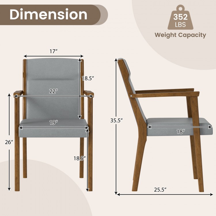 Upholstered wooden accent chair dimensions with gray cushion, ergonomic backrest, and 352 lbs weight capacity.