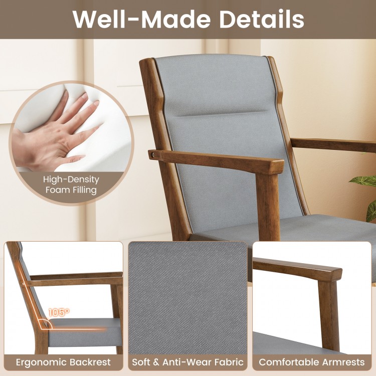 Upholstered wooden accent chair detail showing ergonomic backrest, soft anti-wear fabric, and comfortable armrests.