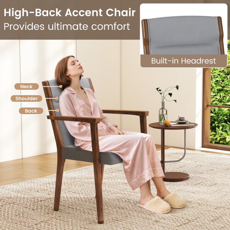 High-back upholstered accent chair in gray with built-in headrest, perfect for dining or living room comfort.
