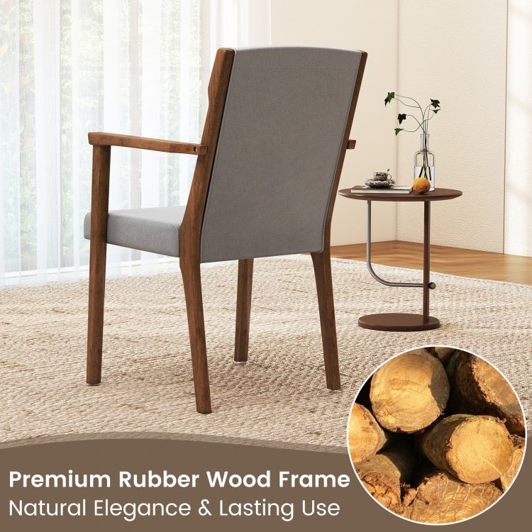 Upholstered accent chair with premium rubber wood frame, gray fabric, ergonomic design for dining or living rooms.