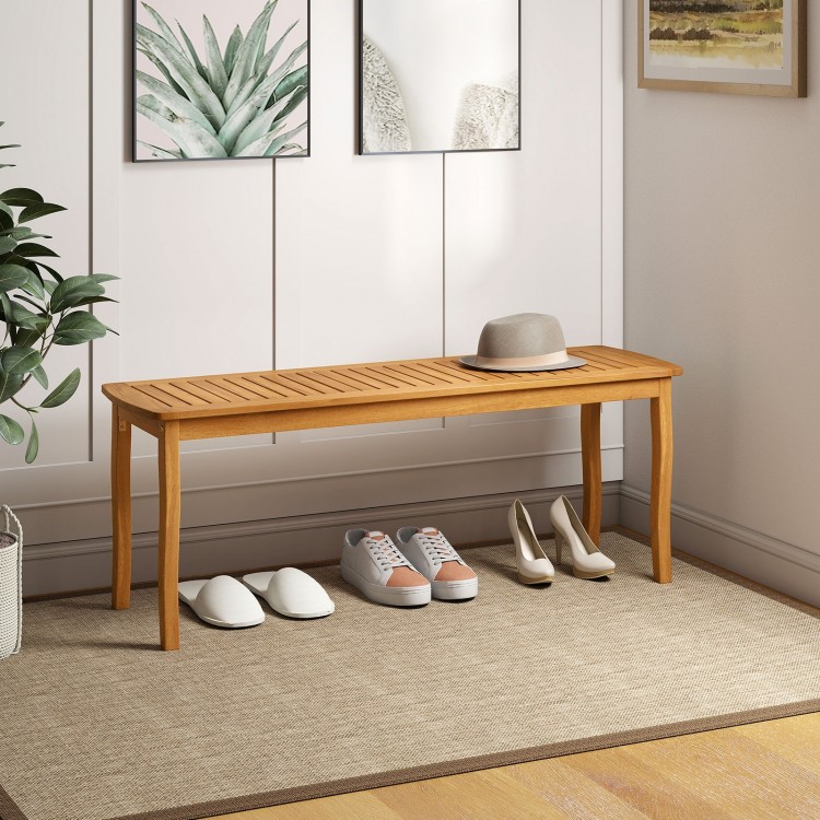 Acacia wood 48" patio dining bench with slatted seat, perfect for garden or entryway seating.