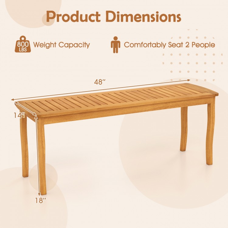 Acacia wood outdoor dining bench measuring 48" long, designed for comfort and ventilation, seats 2 people.