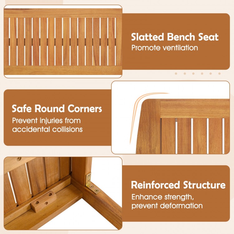 Close-up of the slatted acacia wood bench seat, showcasing safe round corners and reinforced structure for outdoor.