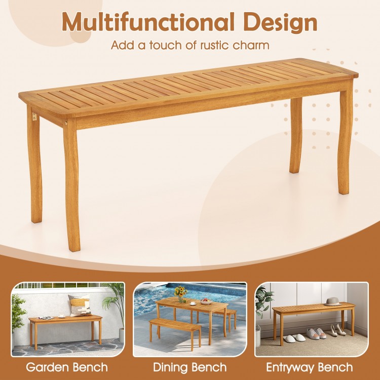Acacia wood outdoor 48" long patio dining bench with slatted seat, ideal for garden, dining, or entryway use.