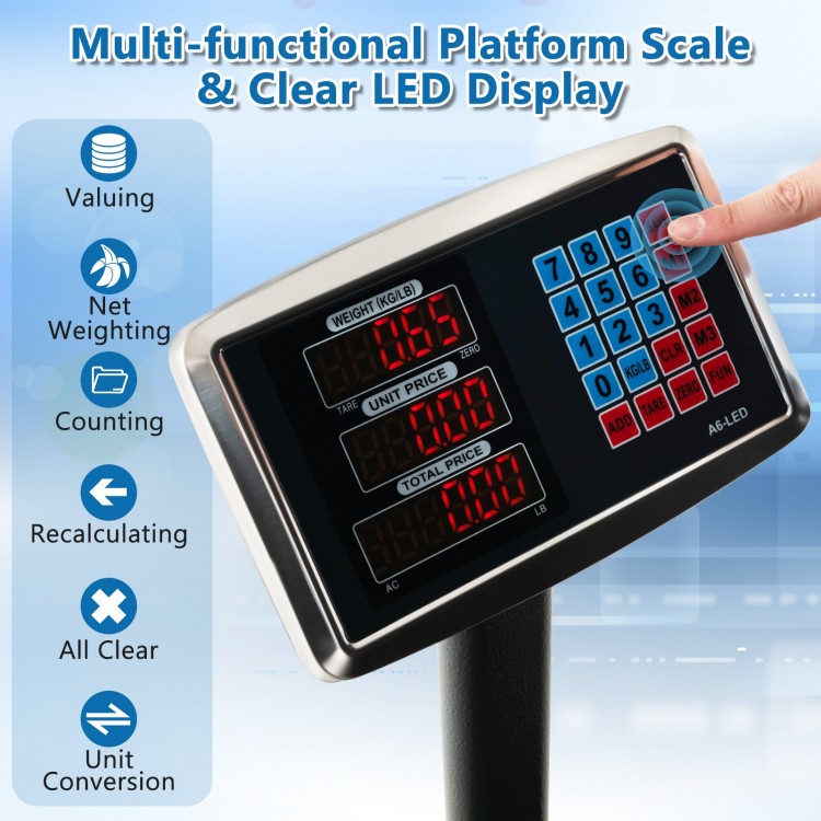 Computing digital platform scale with LED display, sturdy metal construction, and price calculator for versatile use.