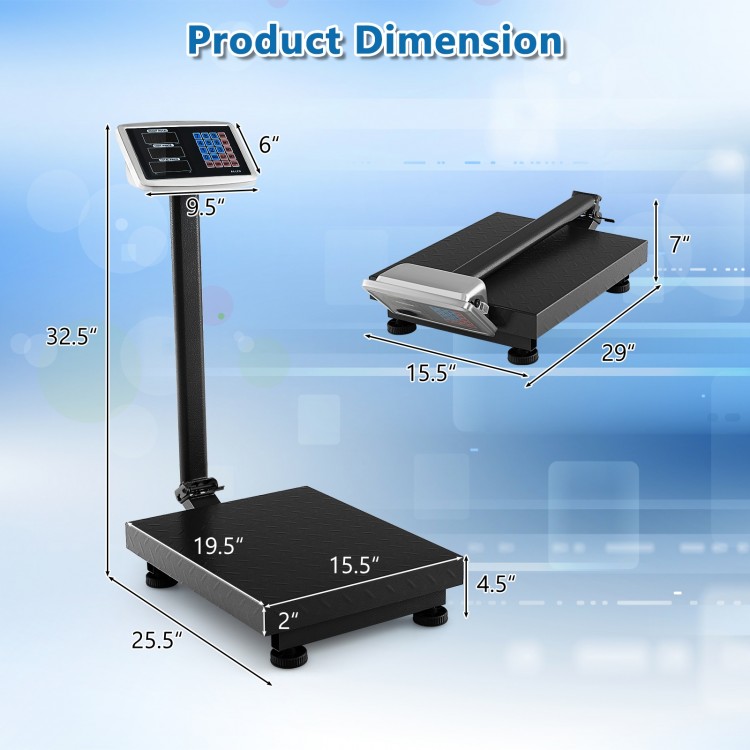 Digital platform scale with price calculator, featuring a sturdy design, LED screen, and foldable for easy storage.