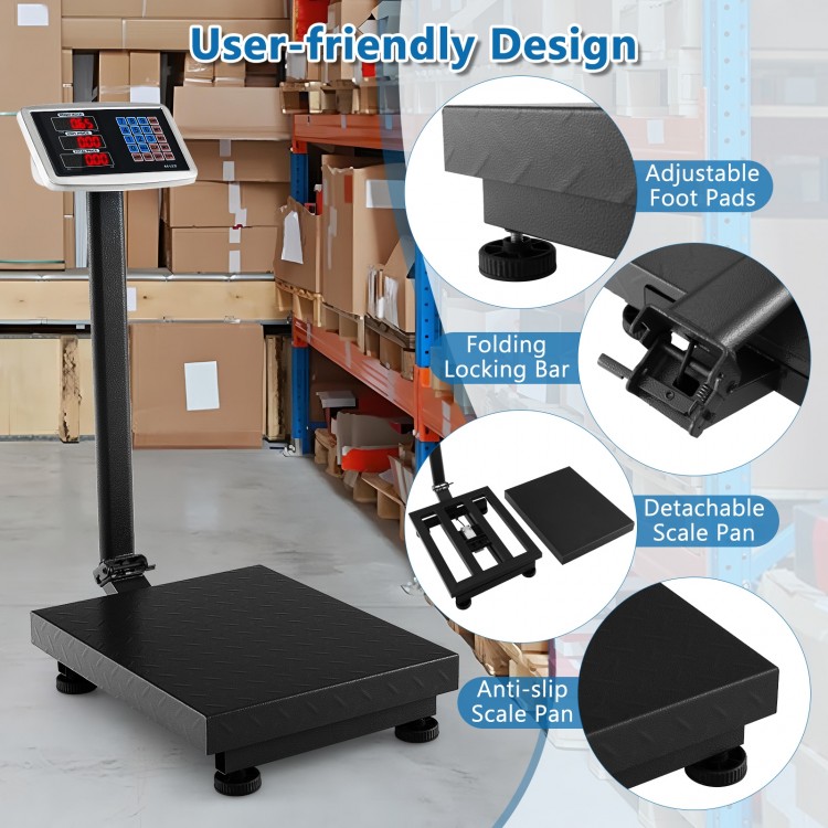 Digital platform scale with detachable pan, user-friendly LED screen, and foldable design for easy storage and.