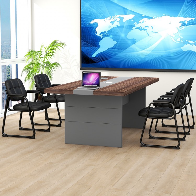 Set of four black upholstered waiting room chairs with armrests and ergonomic backrests, ideal for office or living.