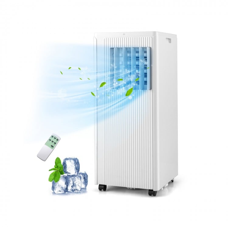 Portable 10000 BTU air conditioner with remote, cooling up to 350 sq ft, featuring adjustable blades and 24-hour timer.