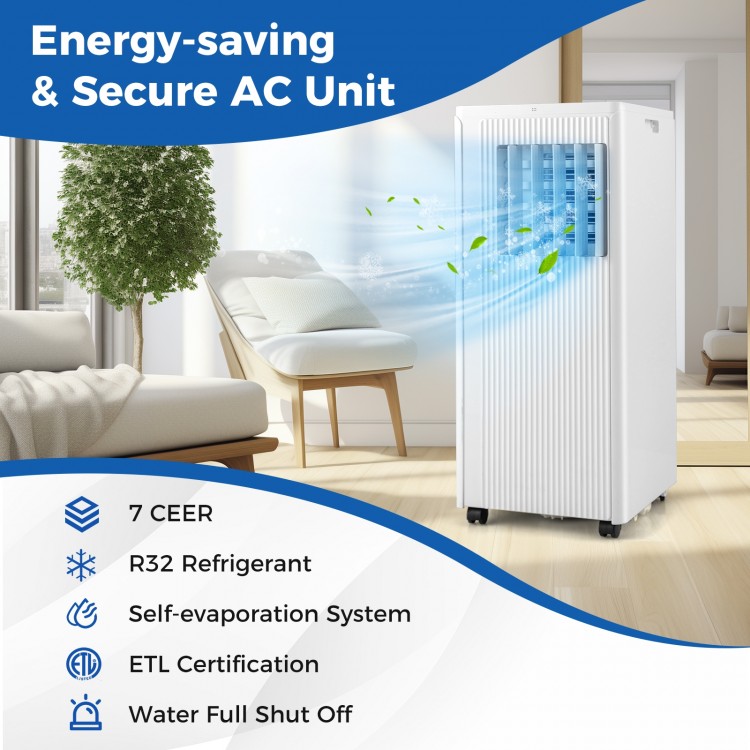 Portable 10000 BTU air conditioner with 24-hour timer, cooling up to 350 sq ft, featuring adjustable blades and remote.