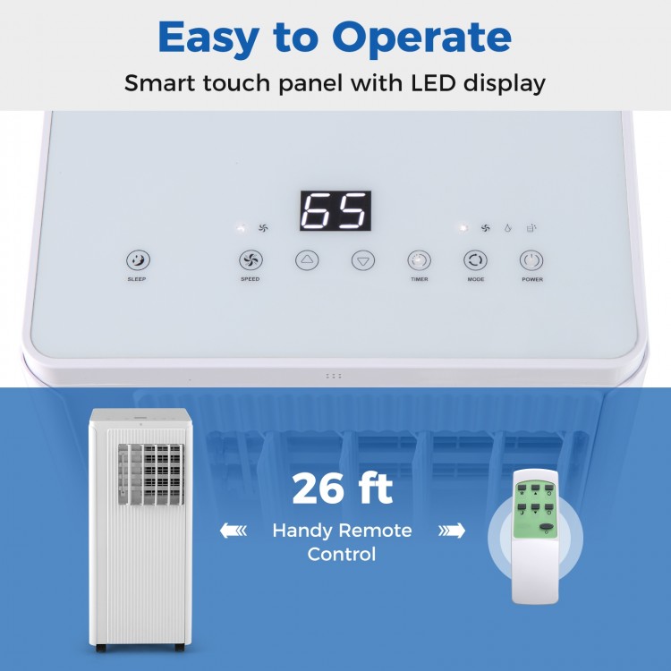 Portable air conditioner with smart touch panel, 10000 BTU cooling for 350 sq ft, includes remote control for easy.
