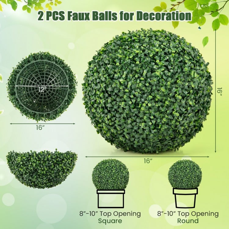 16-inch artificial boxwood topiary ball with lush green leaves, ideal for patio and garden decoration.