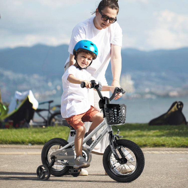 Kids bike with adjustable seat and dual brake system, featuring removable training wheels for ages 3-4, perfect for.