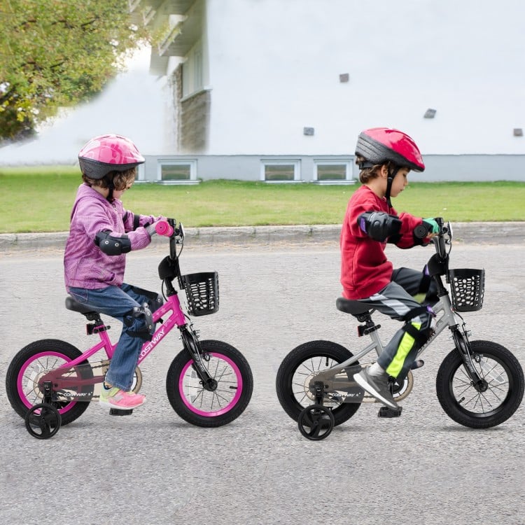 Two kids riding 12-inch adjustable bikes with training wheels, featuring a dual brake system and sturdy metal frames.