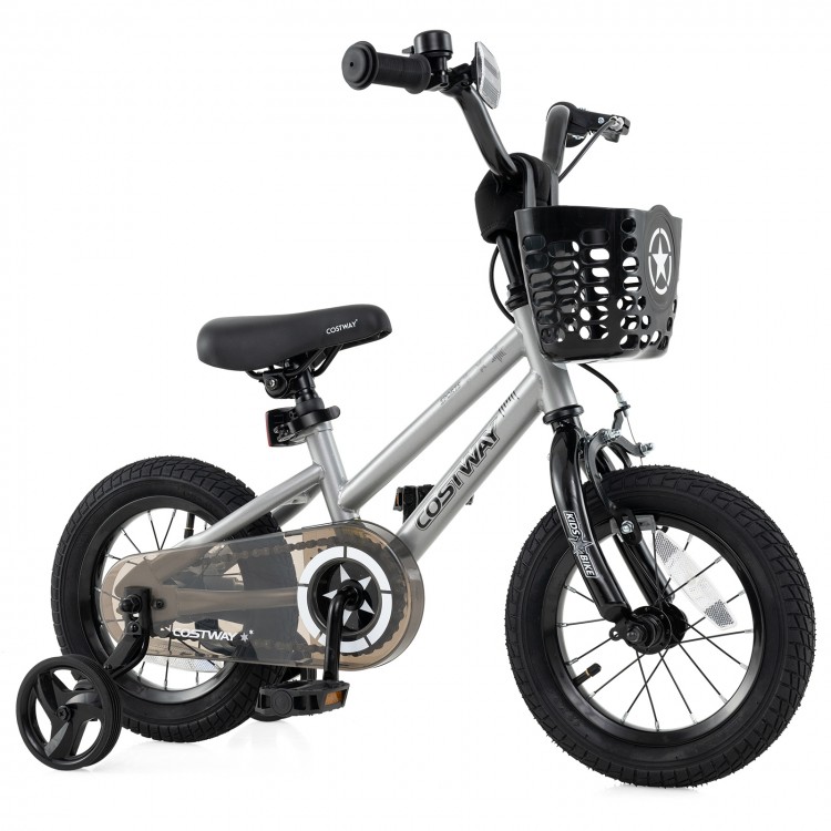 12-inch kids bike in silver with adjustable seat, dual brakes, and removable training wheels for ages 3-4.