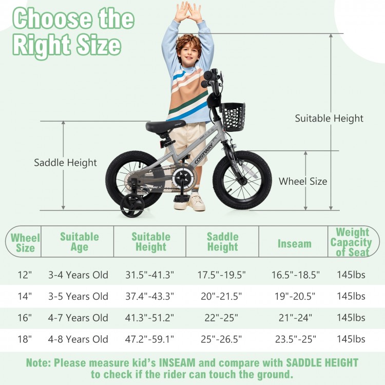 12-inch kids bike with adjustable seat, removable training wheels, and dual brake system for ages 3-4 years.