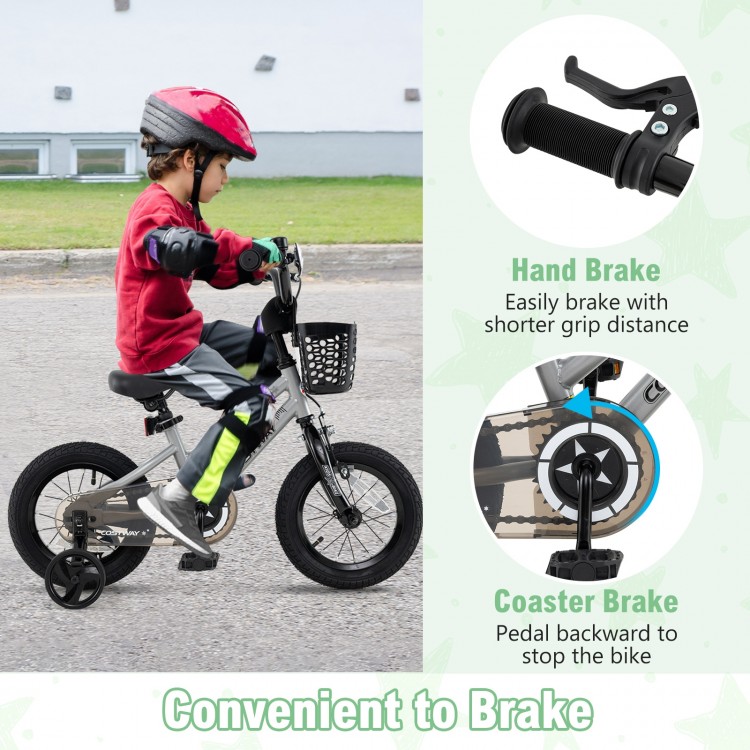 12-inch kids bike with hand brake and coaster brake, featuring adjustable seat and removable training wheels for safety.