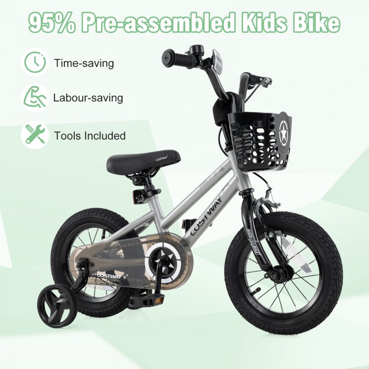 12-inch kids bike with adjustable seat, dual brake system, and removable training wheels for ages 3-4, 95%.