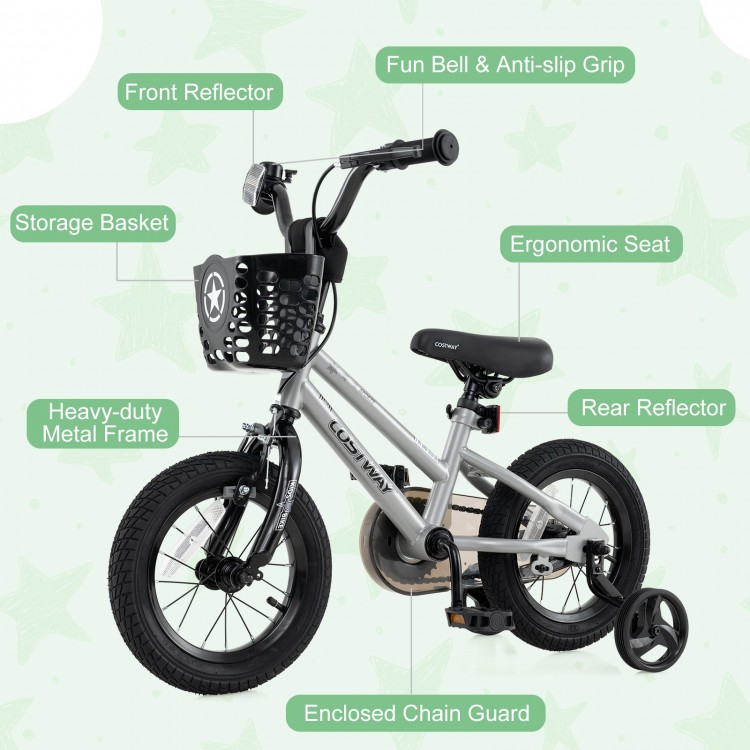 12-inch kids bike with adjustable seat, dual brake system, and removable training wheels for ages 3-4 years.