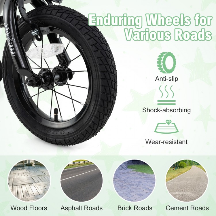 Enduring 12-inch wheels for kids bike, featuring anti-slip and shock-absorbing design for various road types.