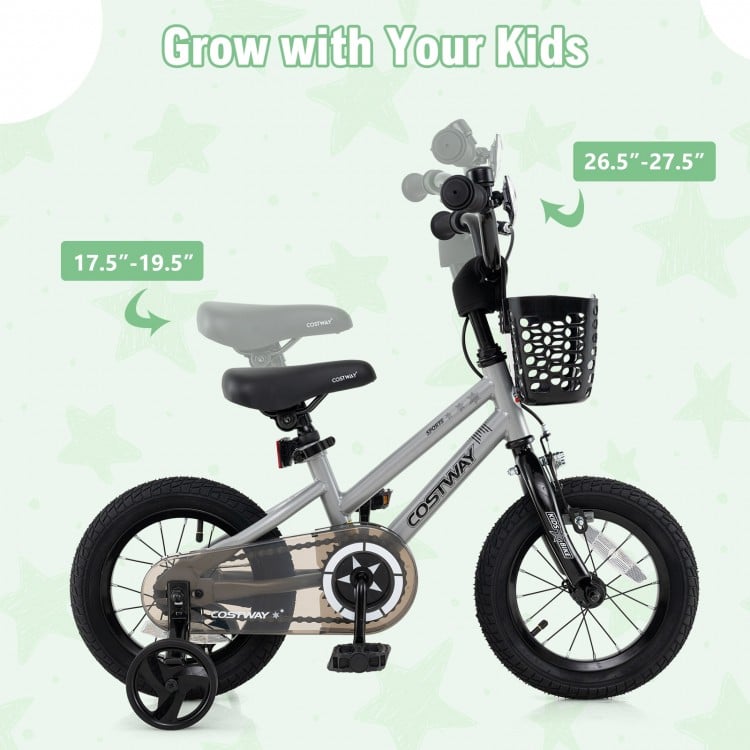 12-inch kids bike with adjustable seat, dual brake system, and removable training wheels for ages 3-4.