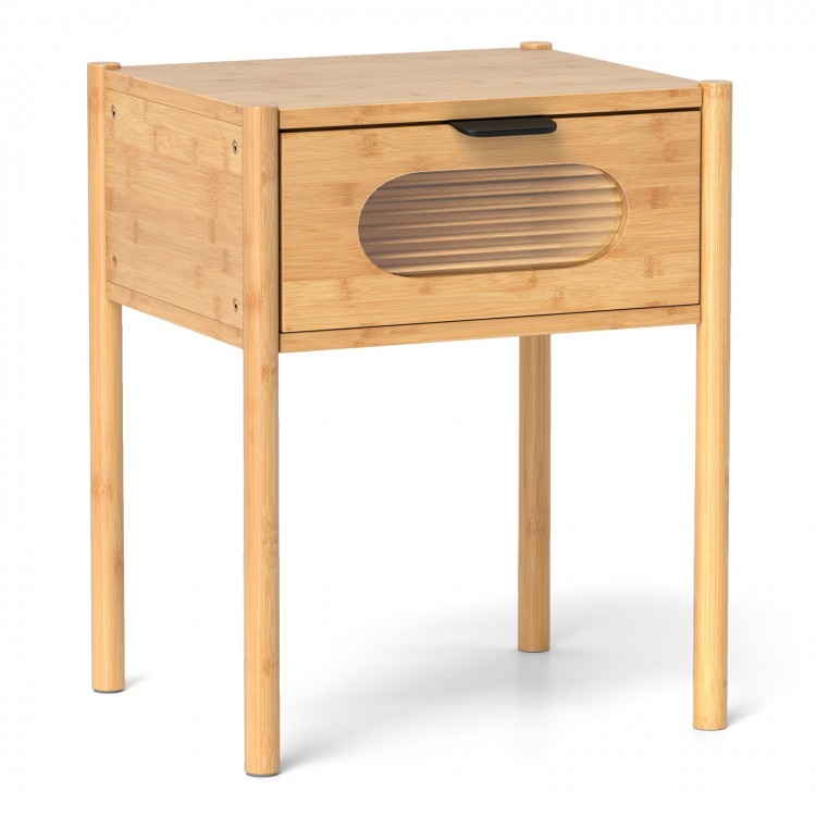 Bamboo nightstand with a spacious tabletop and decorated drawer, featuring reeded glass and a natural finish for modern.
