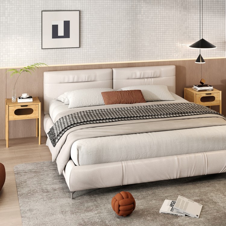 Bamboo nightstand with decorated drawer, showcasing rustic grain and modern design, perfect for bedroom decor.
