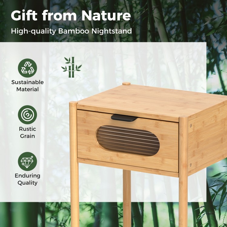 Bamboo nightstand with decorated drawer, featuring rustic grain and reeded glass, perfect for modern bedroom decor.