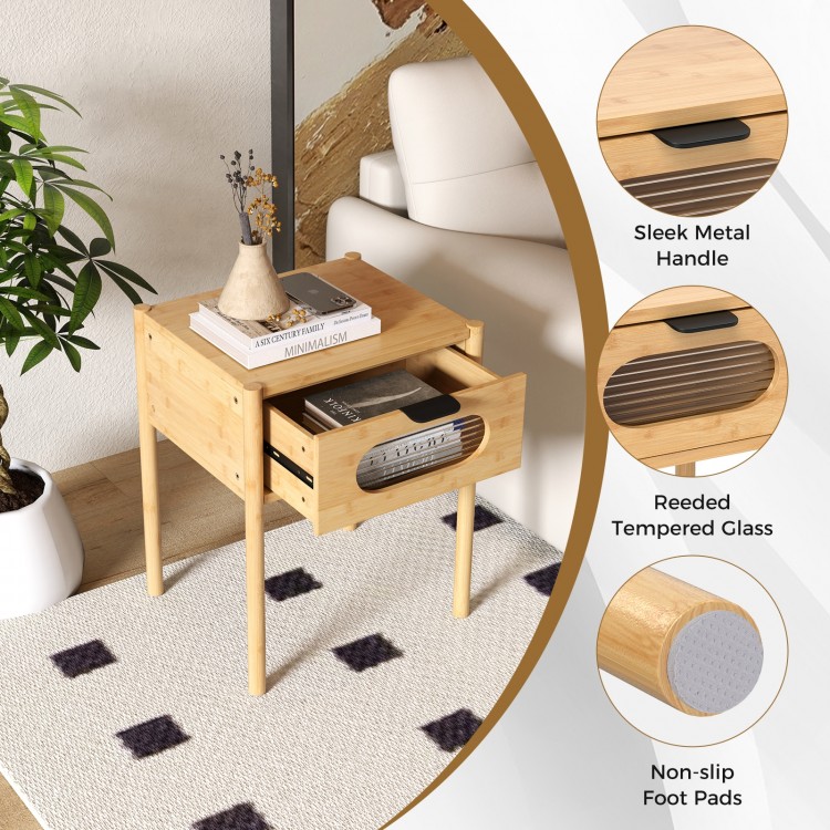 Bamboo nightstand with a spacious tabletop, decorated drawer, and reeded tempered glass for modern elegance.