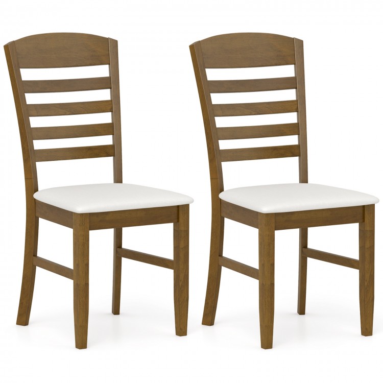 Set of 2 dining chairs with rubber wood frame and padded seat in walnut finish, ideal for kitchen or living room use.