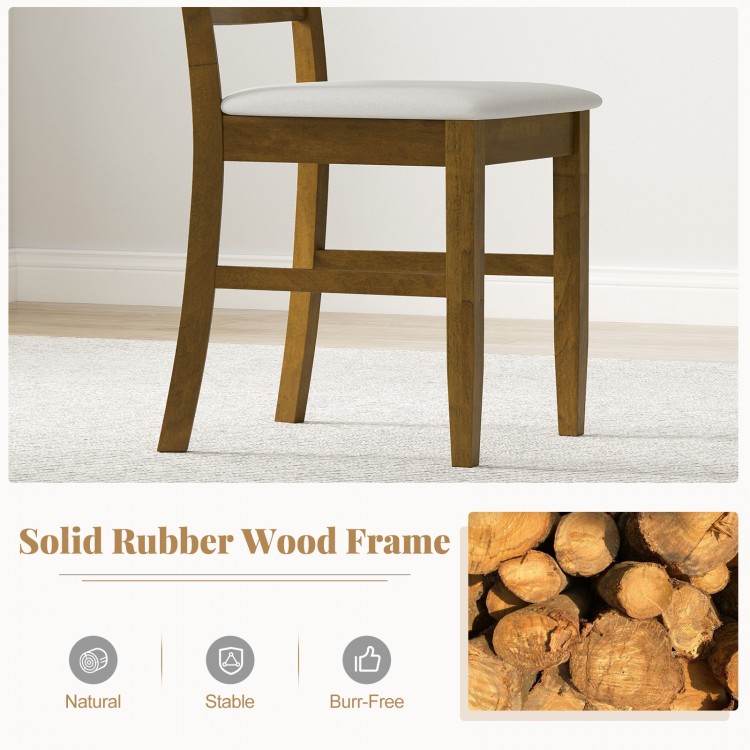 Single dining chair with a natural rubber wood frame and padded seat, ideal for farmhouse-style living spaces.