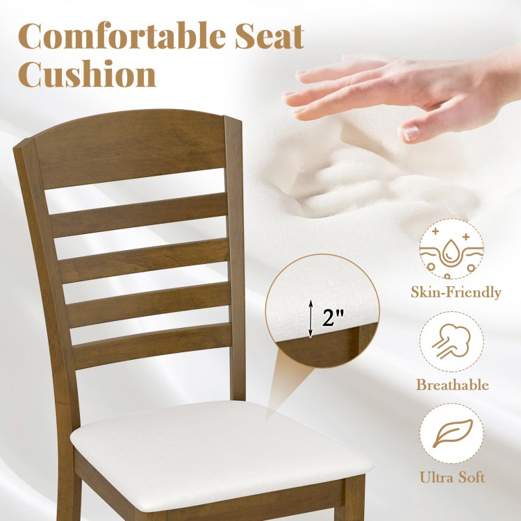 Comfortable padded seat cushion with 2" thickness on a dining chair, featuring a rubber wood frame in walnut finish.