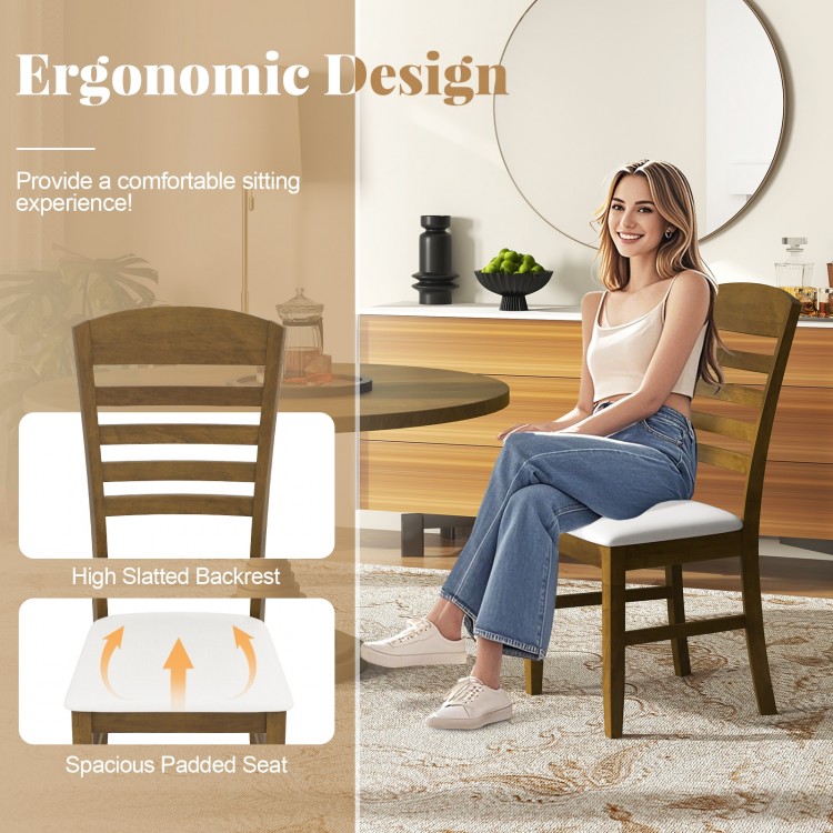 Dining chair with high slatted backrest and padded seat, made of rubber wood, ideal for kitchen or dining room use.