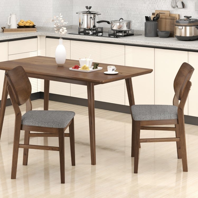 Farmhouse upholstered kitchen chairs set of 2 with gray padded seats and solid rubber wood frame for dining comfort.