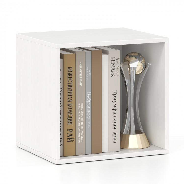 White cube storage organizer showcasing books and a trophy, ideal for maximizing space in any room.
