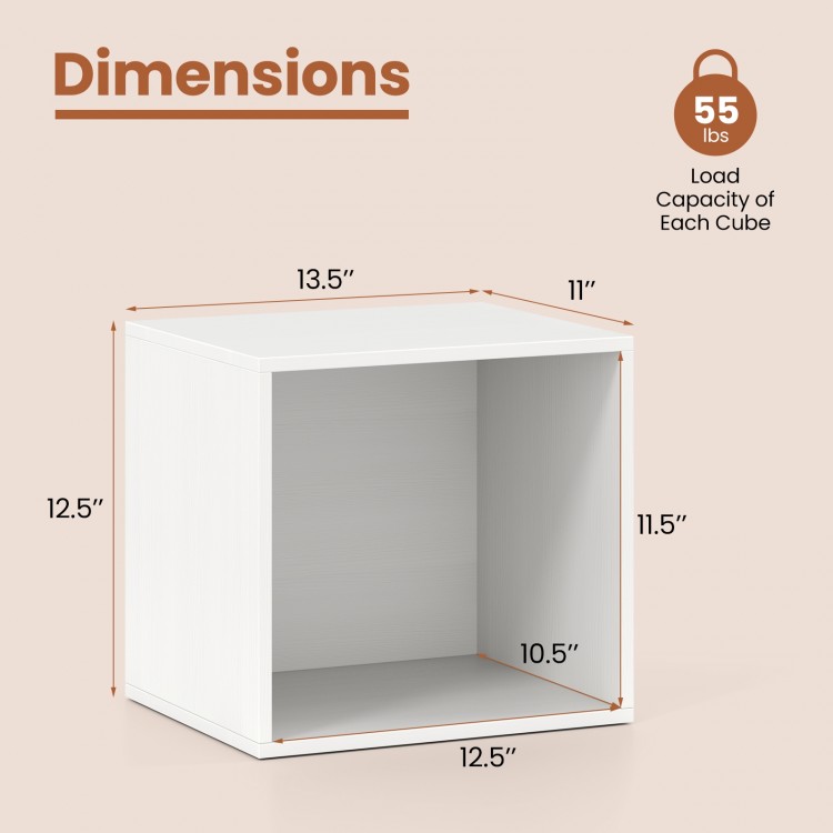 White cube storage organizer with dimensions, designed for stackable use in living room or bedroom, holds up to 55 lbs.