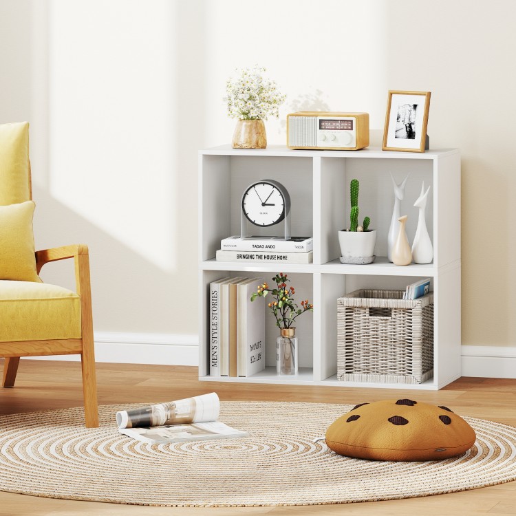 White cube storage organizer with open shelving, perfect for maximizing space in living room or bedroom.
