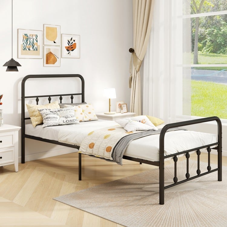 Twin size black bed frame with headboard, featuring under bed storage and classic Victorian style for vintage elegance.