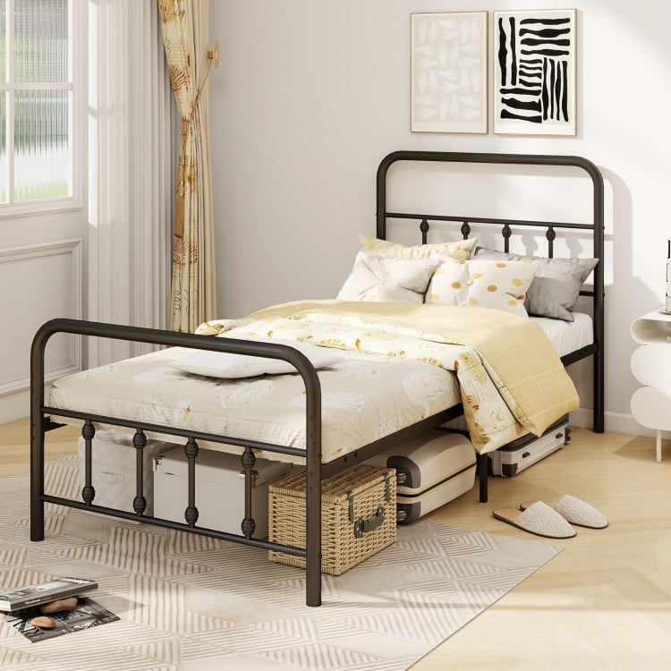 Twin size black bed frame with headboard and under bed storage, featuring classic Victorian style and robust metal.