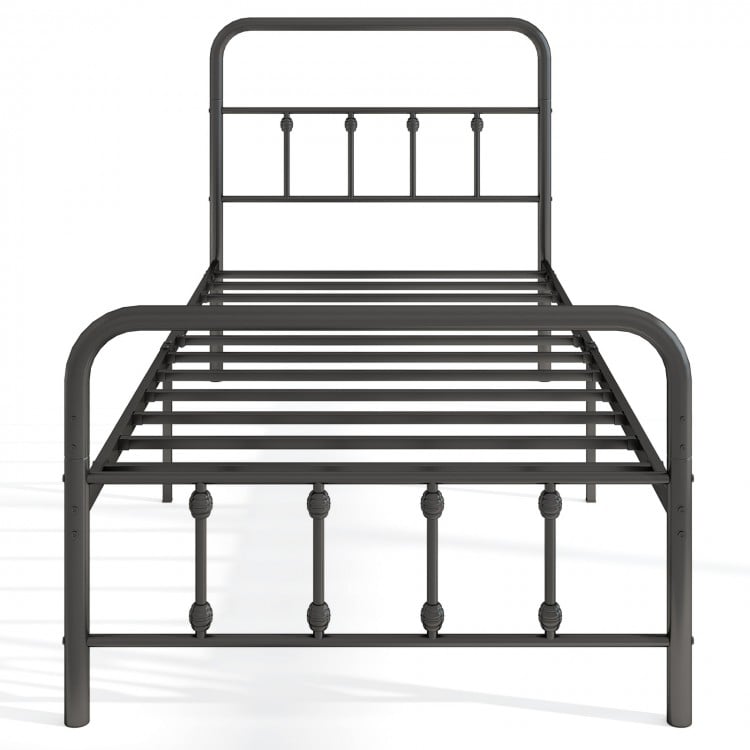 Twin size black bed frame with headboard, featuring robust metal slats and under bed storage for vintage elegance.