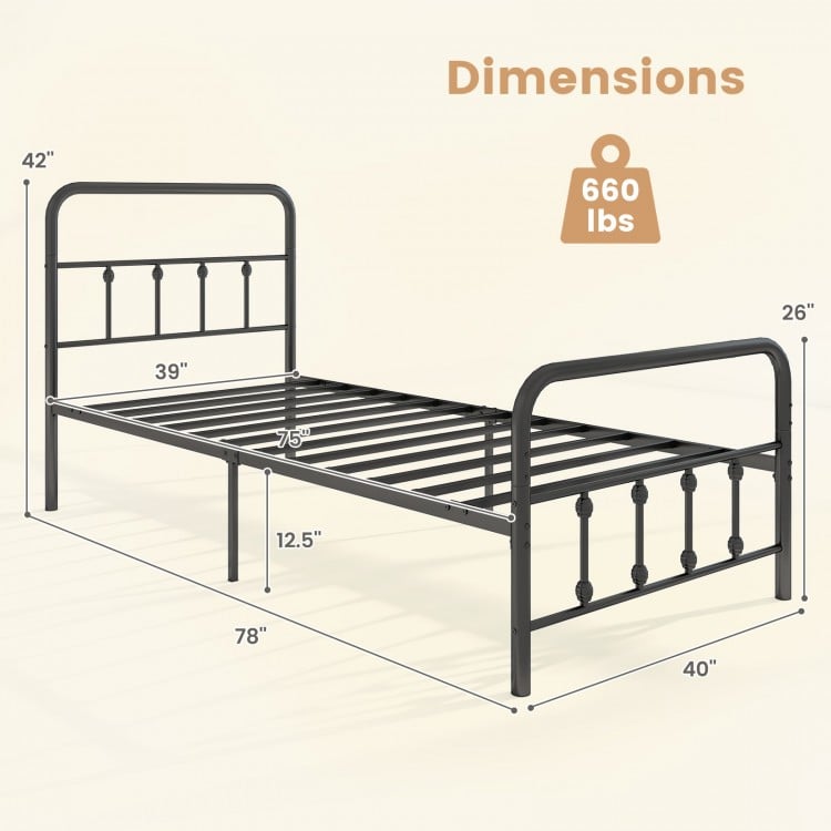 Twin size black bed frame with headboard, 12.5" under bed storage, and classic Victorian style for vintage elegance.