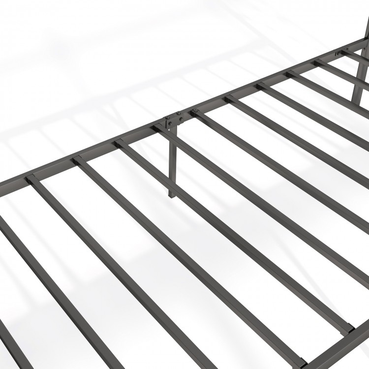 Twin size black bed frame with headboard, featuring robust metal slats and under bed storage for convenient.