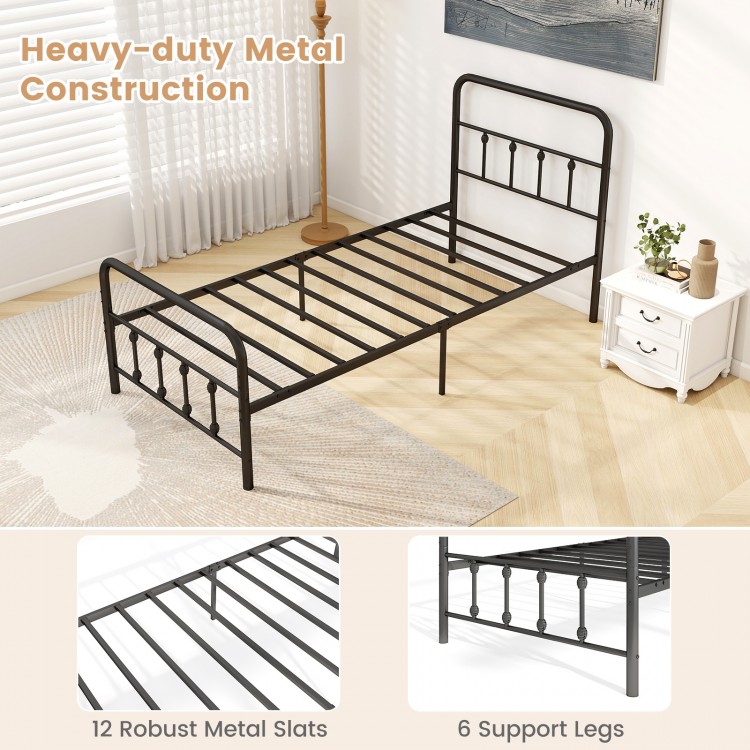 Twin size black bed frame with headboard, featuring 12 robust metal slats and under bed storage for elegant.