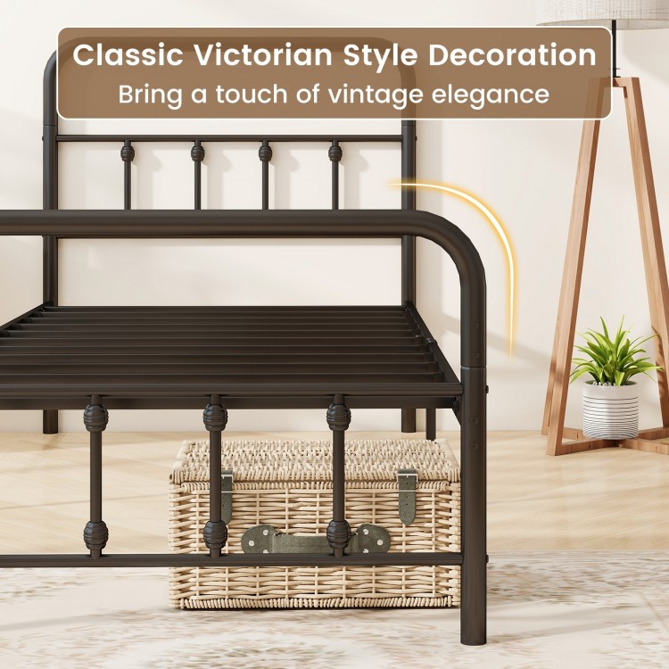 Twin size black bed frame with headboard, featuring classic Victorian style and under bed storage for vintage elegance.