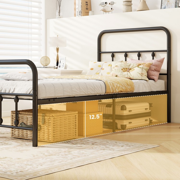 Twin size black bed frame with headboard and 12.5" under bed storage for suitcases and boxes, showcasing vintage style.