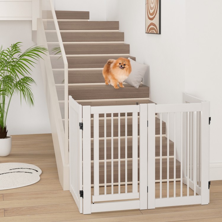 Freestanding 30-inch tall wooden pet gate in white, featuring lockable door and anti-slip footpads for stability.